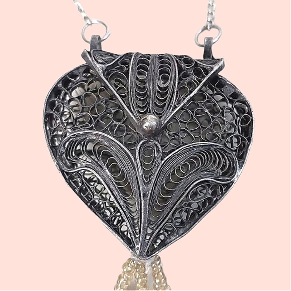 Hand Beaded Necklace With Vintage Antiqued Silver Wire Heart & Silver Chain